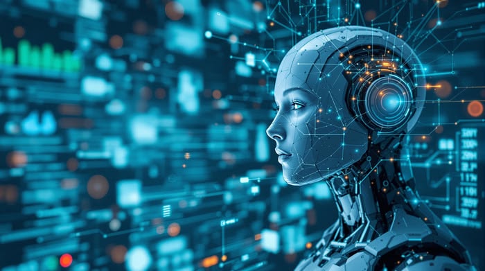 AI-Powered Female Robot In A Digital Data Stream Backgrounds _ JPG Free Download - Pikbest